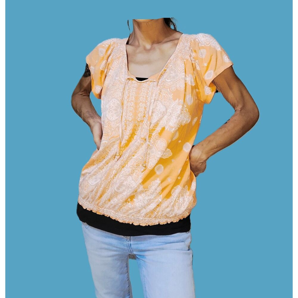 Sonoma Apricot Boho Tie Front Paisley Top Size Large | Cinched Waist Flowy
